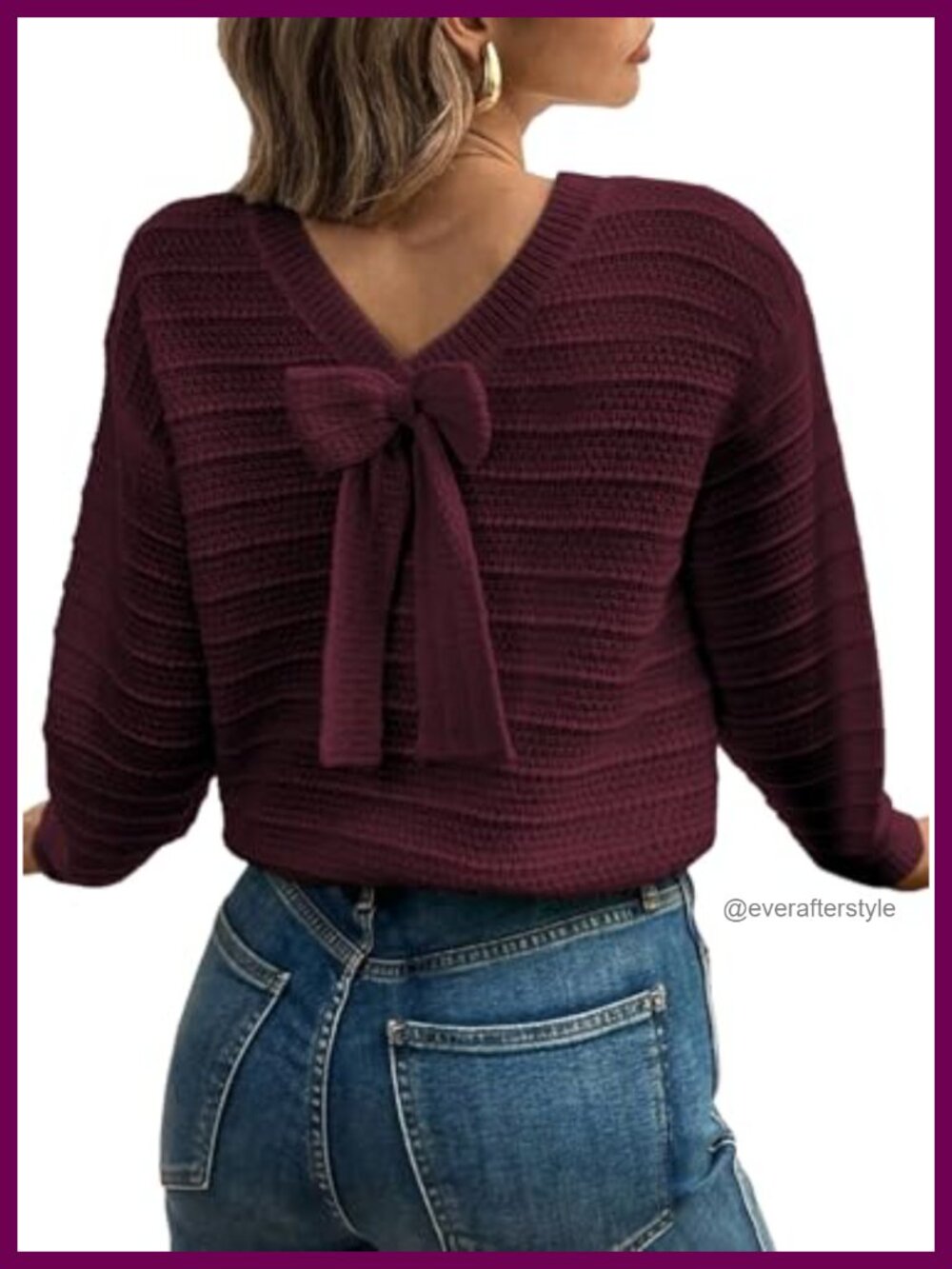 Bow Back Knit Pullover Sweater Lightweight Long Sleeve Crew Neck